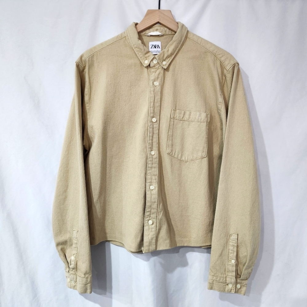 Zara Women's‎ Upcycled Crop Button Down Size XL Tan Canvas Scandi Minimalist